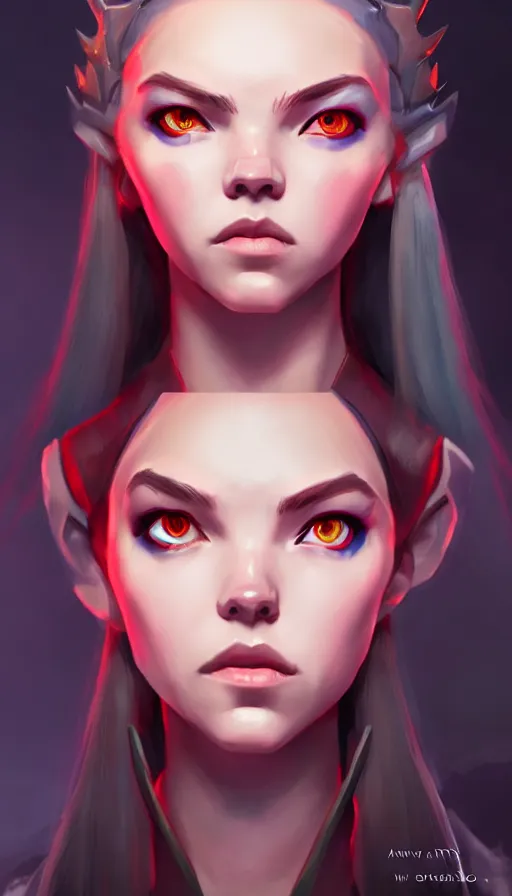Image similar to portrait of anya taylor - joy as dota 2 game character, symmetrical, dota 2 concept art, character design by moby francke and drew wolf, artstation trending, sense of awe