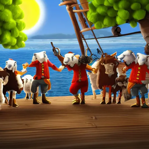 Image similar to a stop motion sheep pirate captain leading a crew of wolves on a pirate ship at sea ultrarealistic trending on art station
