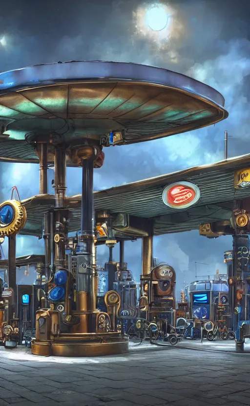 Image similar to steampunk gas station in space, concept art, polished, realistic, hard edges, zoomed in, very coherent, sharp focus, rim light, exquisite lighting, blue gradient, hard edges, sci - fi, cinematic, octane render