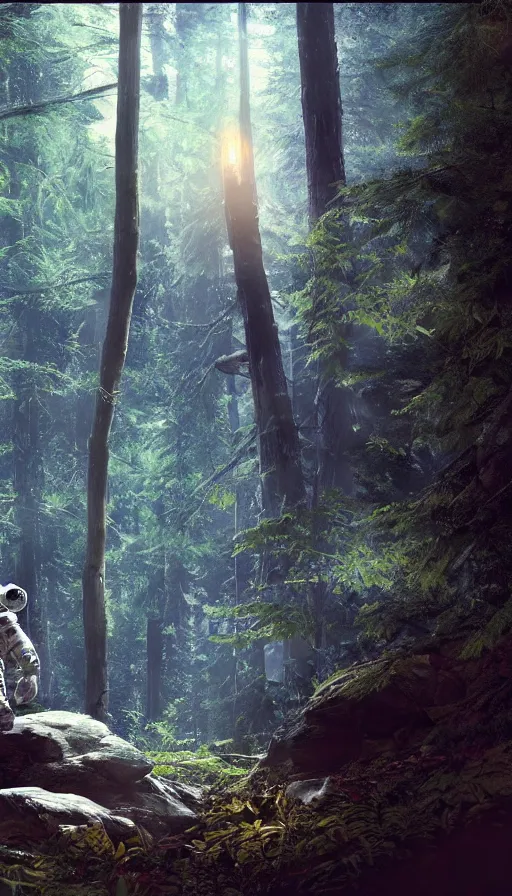 Prompt: american astronaut in the forest wearing a designer suite, plants environment wide angle cinematic lighting atmospheric realistic octane render highly detailed, octane render, in the style of craig mullins