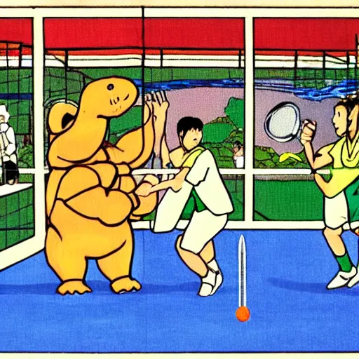 Prompt: men with hippo heads playing badminton, by Ken Sugimori, mono-color