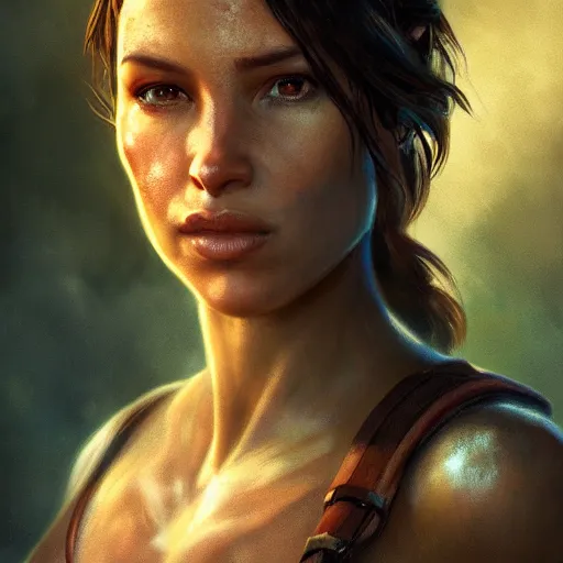 Image similar to Lara Croft portrait, atmospheric lighting, painted, intricate, volumetric lighting, beautiful, rich deep colors masterpiece, golden hour, sharp focus, ultra detailed, by Leesha Hannigan, Ross Tran, Thierry Doizon, Kai Carpenter,Ignacio Fernández Ríos