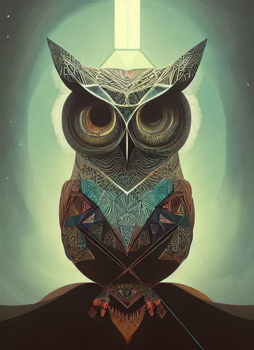 Image similar to portrait of a geometric owl, identical eyes, medium shot, illustration, full body made of white feathers, symmetrical, art stand, super detailed, cinematic lighting, and its detailed and intricate, gorgeous, by peter mohrbacher