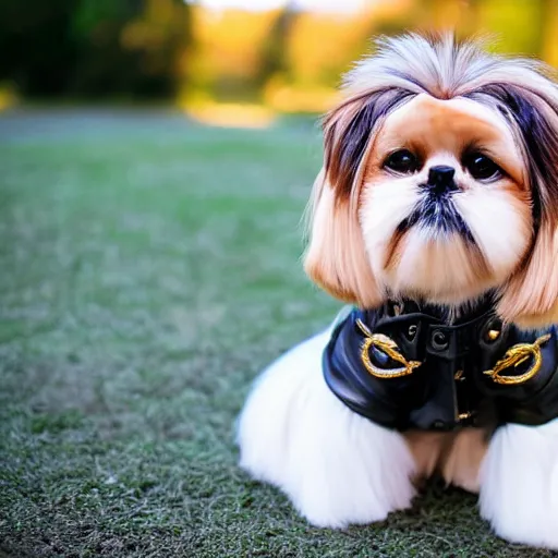 Image similar to photo of a golden shih tzu wearing leather jacket