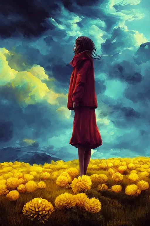 Image similar to closeup girl with huge yellow dahlia flower face, intricate, standing on mountain, surreal photography, blue storm clouds, dramatic light, impressionist painting, digital painting, artstation, simon stalenhag