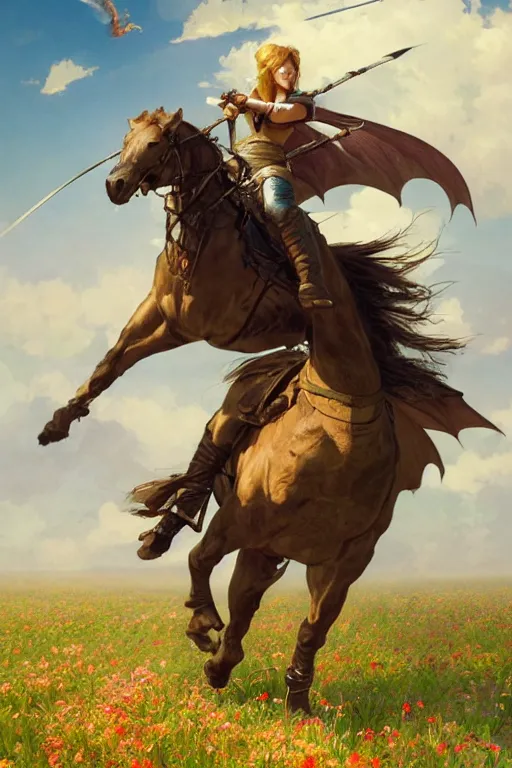 Image similar to fighter ridding a horse on a flower field, dragon flying in the sky above, highly detailed, digital painting, artstation, concept art, smooth, sharp focus, illustration, art by artgerm and greg rutkowski and alphonse mucha and andrei riabovitchev