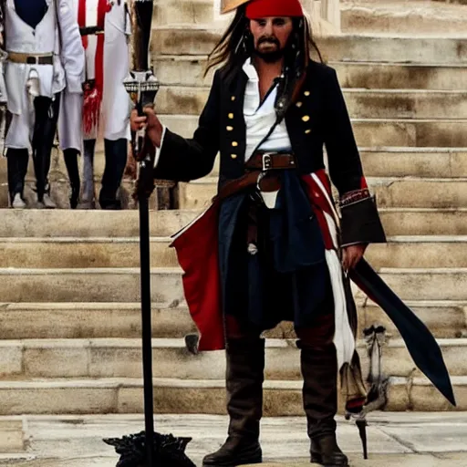 Image similar to photo of emmanuel macron as captain jack sparrow, full body shot, sharp focus, award - winning