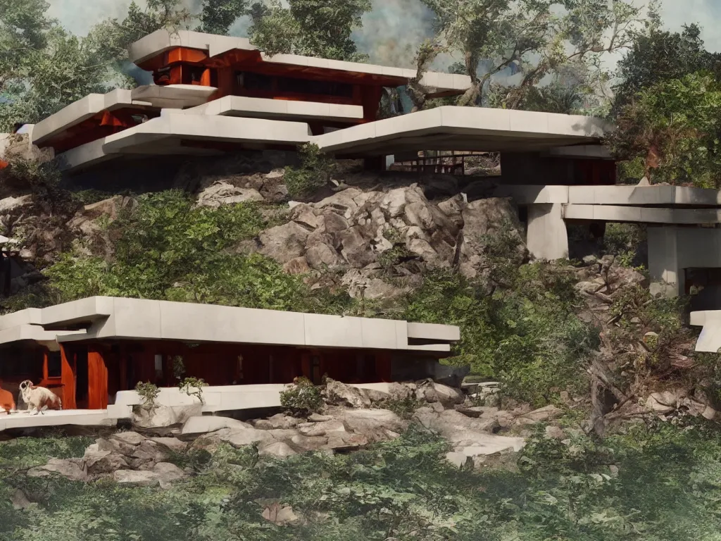 Prompt: three dogs running away from a Frank Lloyd Wright designed villa being consumed by climate change wildfire, in a platformer video game style of Inside game sumerville game limbo game