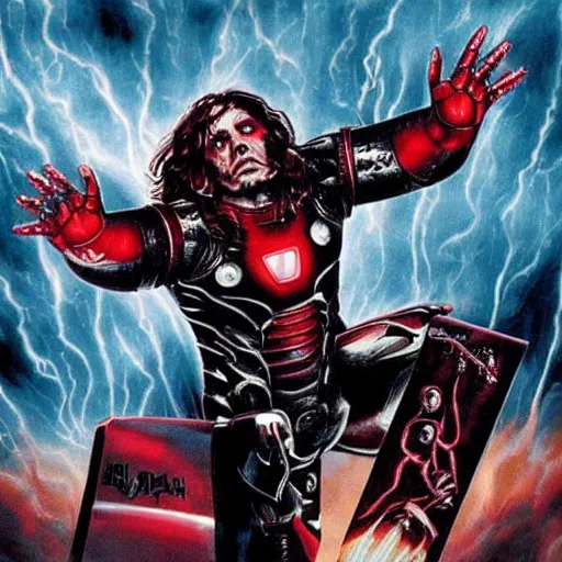 Image similar to Black Sabbath's Iron Man, man turned to steel, red eyes of vengeance