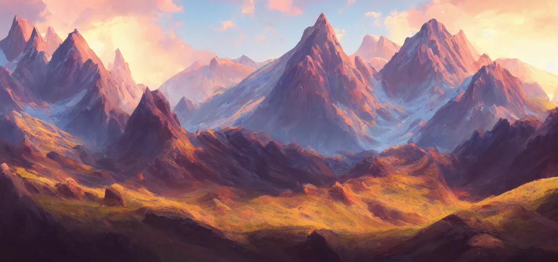 Prompt: mountain landscape, craggy mountains, panoramic, painting, color palette, beautiful sky, sharp peaks, soft foothills, artstation award, highly detailed