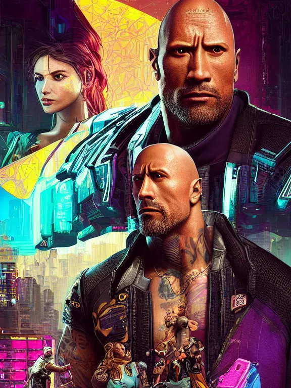 Image similar to a cyberpunk 2077 portrait of Dwayne Johnson holding a female android with couple pose,complex mess of cables and wires behind them connected to giant computer, love moive,film lighting, by laurie greasley,Lawrence Alma-Tadema,William Morris,Dan Mumford, trending on atrstation, full of color,face enhance,sharp focus, highly detailed,8K, octane,golden ratio,cinematic lighting