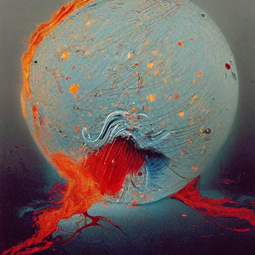 Image similar to a sphere being devoured by abstract splatters of paint in the style of francis bacon, venus being engulfed in flames in the style of james jean, surreal, beksinski, high detailed