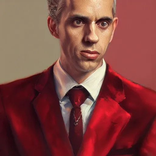 Image similar to painting of a Jordan Peterson, beautiful and detailed, he is wearing a crimson red velvet suit, oil painting, by Greg Rutkowski, trending on artstation