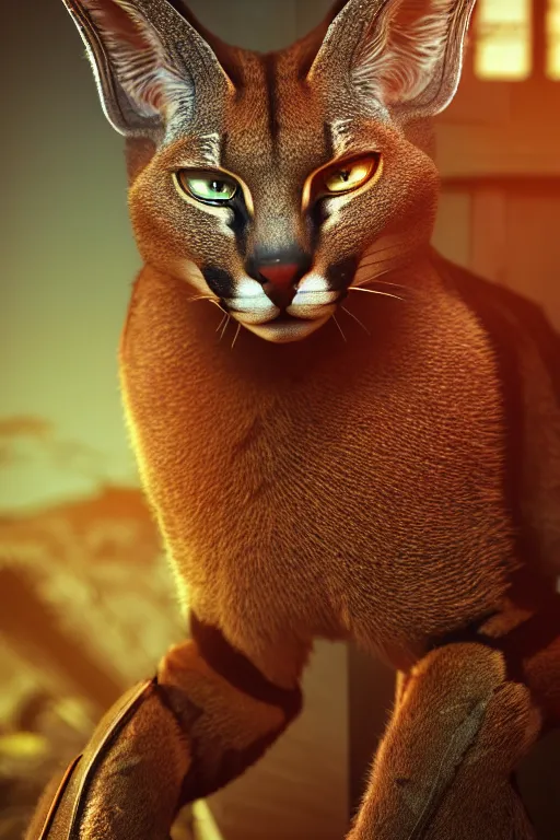 Prompt: caracal cat in the form of a cyborg, ultra hd, unreal 5, DAZ, hyperrealistic, octane render, cosplay, RPG portrait, dynamic lighting, intricate detail, summer vibrancy, cinematic, background by gerald and andrei tarkovsky