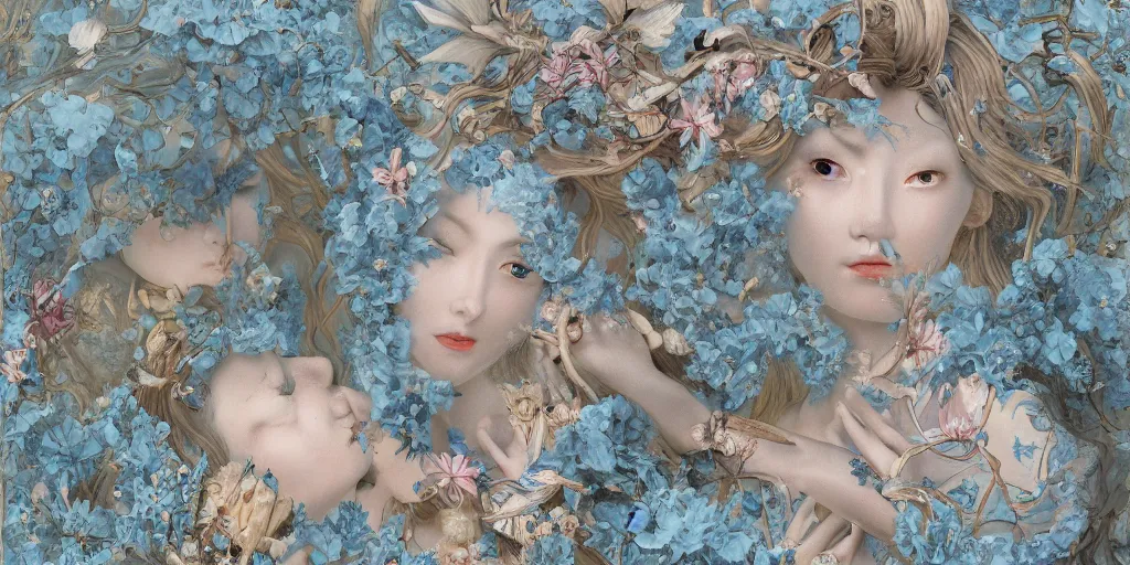 Image similar to breathtaking detailed concept art painting art deco pattern of blonde faces goddesses amalmation light - blue flowers with anxious piercing eyes and blend of flowers and birds, by hsiao - ron cheng and john james audubon, bizarre compositions, exquisite detail, extremely moody lighting, 8 k