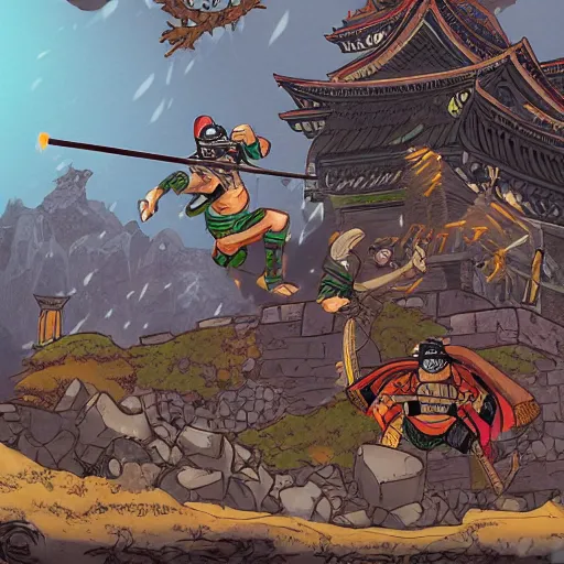 Image similar to a dward ninja heroes facing an ancient temple, illustrated by trent kaniuga