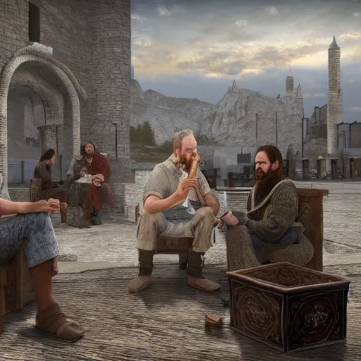 Image similar to people smoking hookah in whiterun, ultra realism, old paints, 4 k, highly detailed, hyperrealistic