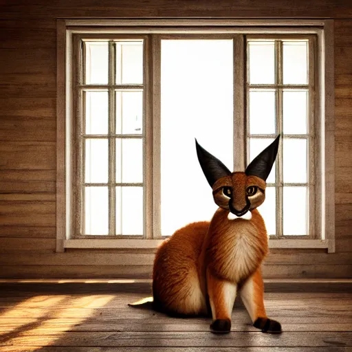 Image similar to wide-angle photo of cute caracal sitting on a wooden chair in a room, fire at background, octane render, 3d, 8k, hd, studio light