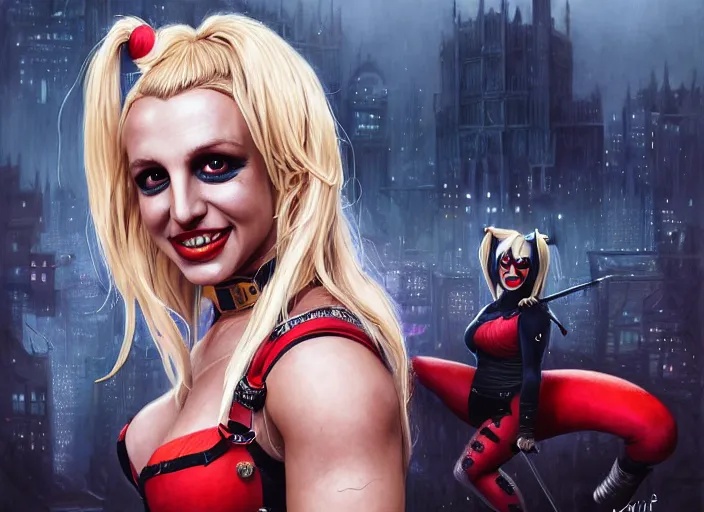 Image similar to highly detailed portrait of britney spears as harley quinn, in batman comics, stephen bliss, unreal engine, fantasy art by greg rutkowski, loish, rhads, ferdinand knab, makoto shinkai and lois van baarle, ilya kuvshinov, rossdraws, tom bagshaw, global illumination, radiant light, detailed and intricate environment