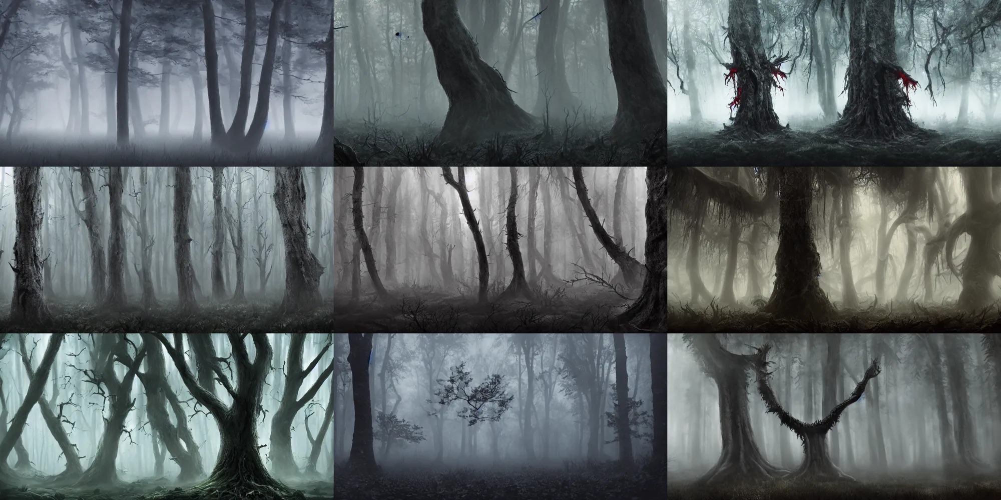 Prompt: dark forest shrouded in mist, a tree with bloody fanged mouth, forbearing, oppressive, epic composition, digital art, concept art, 4 k, highly detailed