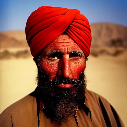 Image similar to portrait of president donald trump as afghan man, green eyes and red turban looking intently, photograph by steve mccurry