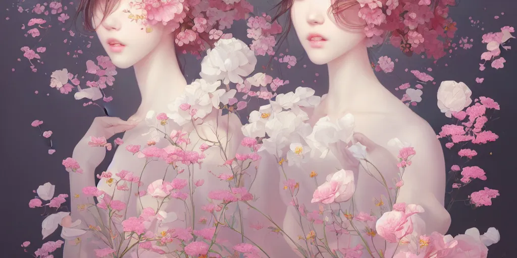 Prompt: breathtaking delicate detailed concept art with flowers and girls, by hsiao - ron cheng, bizarre compositions, exquisite detail, pastel colors, ornate background, 8 k