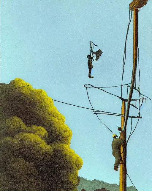 Prompt: a hornet nest on a telephone pole and a lineman working on the pole. full color lithograph by maxfield parrish