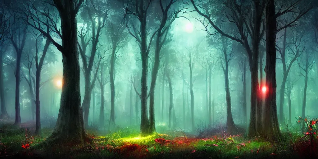 Image similar to beautiful matte painting of a colorful fantasy dark forest at night