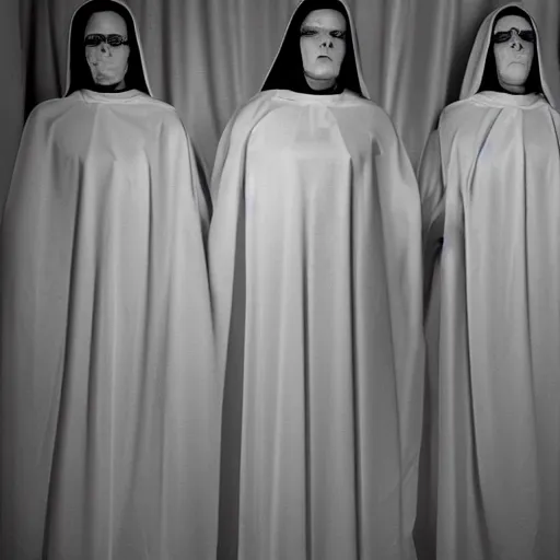 Image similar to nightmare vision, black and white, award winning photo, levitating twin nuns, wearing translucent sheet, in a sanctuary, eerie, frightening —width 1024 —height 1024