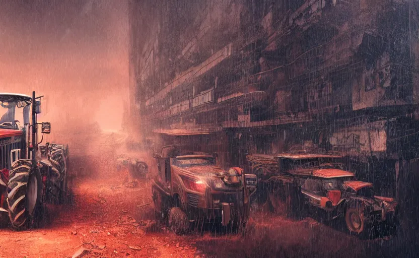 Prompt: a highly detailed beautifuly rendered, tractor that pulls a tank, thick dust and red tones, bladerunner, cyberpunk, lost city, hyper - realistic environment, epic concept art