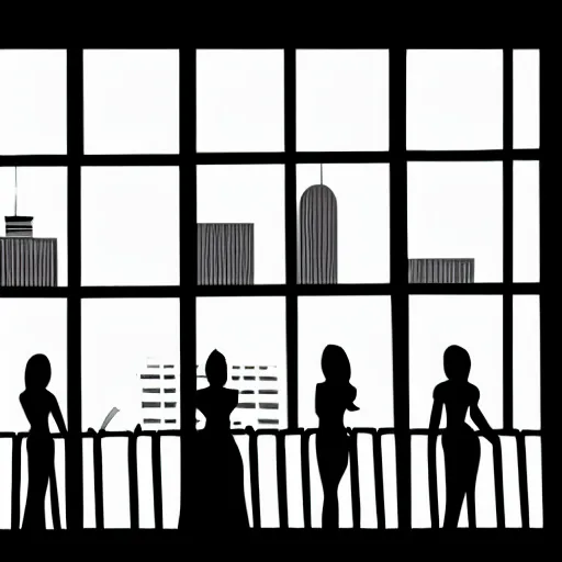 Prompt: View from window on megapolis, silhouette of women who watches to the window, cartoon, 2D