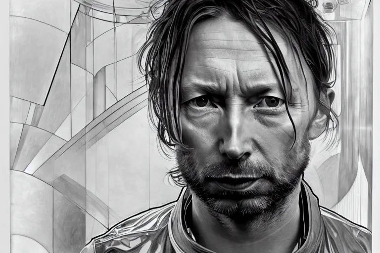 Image similar to hyper realistic portrait of thom yorke singer songwriter, side, liminal space, spacesuit, waterline, reflections, by lee bermejo, alphonse mucha and greg rutkowski