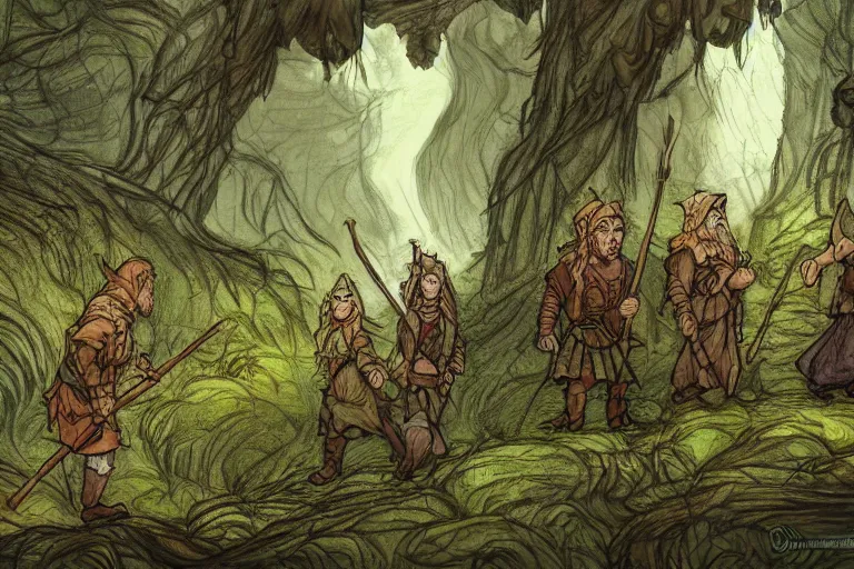 Prompt: dwarf, elf, halfling and human walking down a forest path, in the style of Greg Broadmore and Arthur Rackham,trending on artstation, light lighting side view,digital art,surrealism ,macro,blueprint ,vaporwave ,