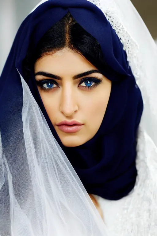 Image similar to Ameera al-Taweel, blue eyes, long wavy black hair, white veil, closeup, focus face