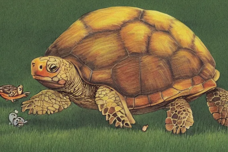 Image similar to turtle and chick, children's book illustration, beautiful