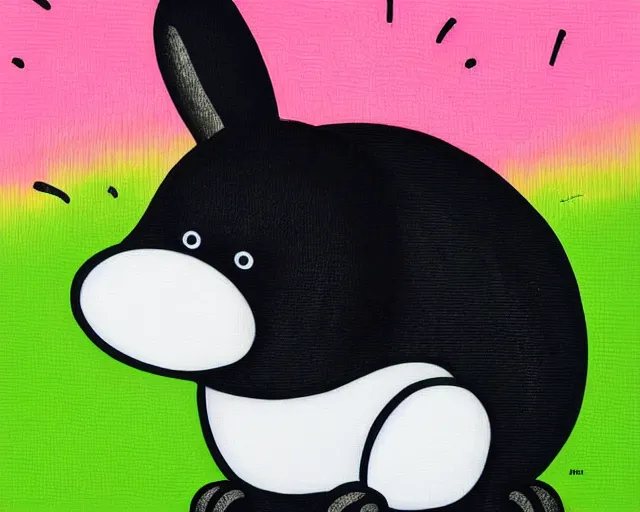 Image similar to a very cute black bunny, black fur with white puffs, fine art by romero britto