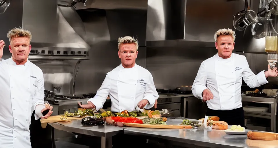 Image similar to gordon ramsay and gordon ramsay showing the camera a dish that each of them prepared