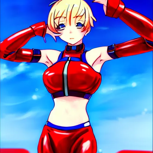 Prompt: digital anime art, very small cute girl standing on a large table, red mech arms and red mech legs,