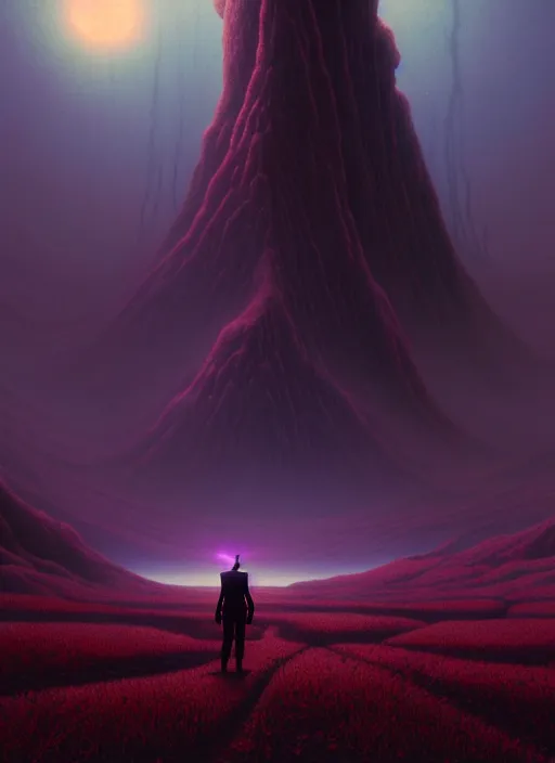 Image similar to stunning landscape with a figure standing in the distance, victorian era, lovecraftian horror, cosmic horror!! cinematic lighting, muted colours, digital art, winning award masterpiece, fantastically beautiful, illustration, aesthetically inspired by wayne barlowe and gerald brom, trending on artstation, art by greg rutkowski, octane render, unreal engine, 8 k