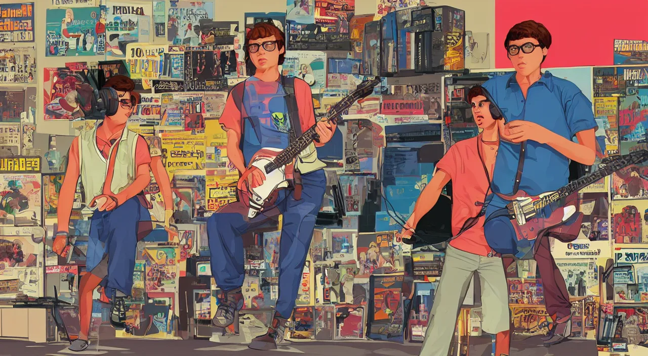 Image similar to GTA V illustration of 1980s nerdy teen on the cover of GTA V, in a 1980s music store