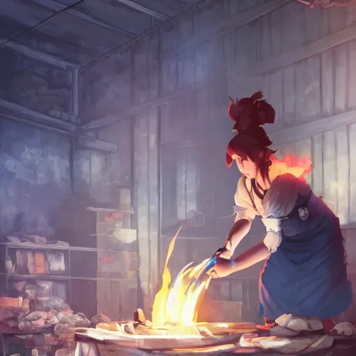 Image similar to a full body portrait of the short and fiery blacksmith Guinea pig with a beard at her forge, blacksmith's outfit, inside building, makoto shinkai, james gilleard, very detailed, matte, gaussian blur, tone mapped, Akihiko Yoshida.