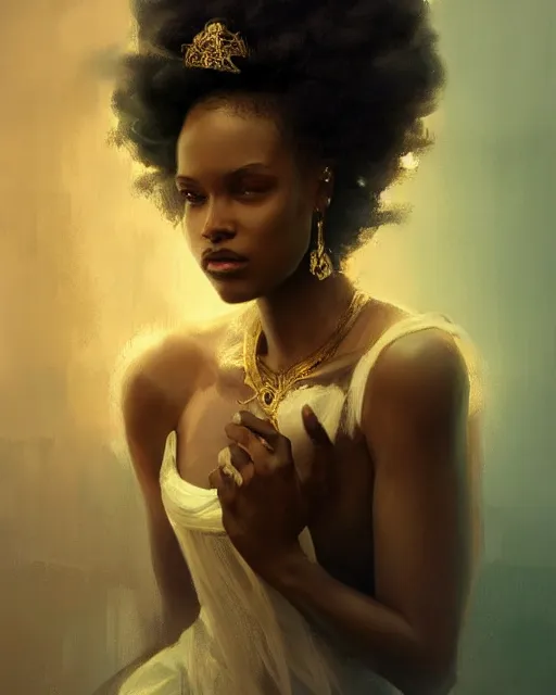 Image similar to Love as a beautiful black princess, gorgeous, portrait, powerful, intricate, beautiful, masterpiece, elegant, volumetric lighting, back lighting, rimlight, dramatic lighting, digital painting, highly detailed, artstation, sharp focus, illustration, Artgerm, Jean-Léon Gérôme , ruan jia