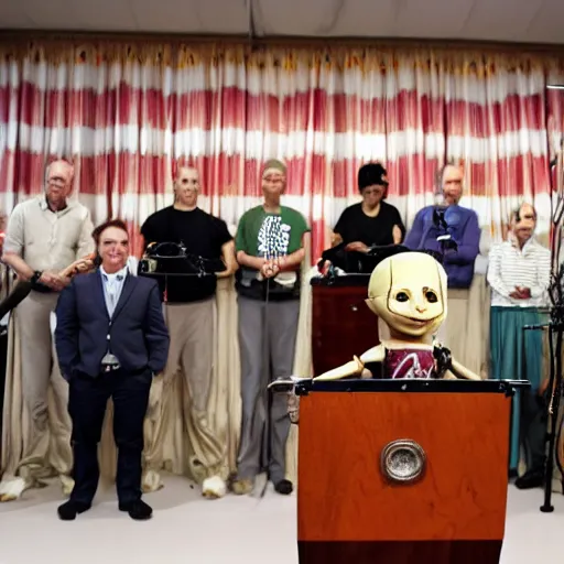 Prompt: president marionette with strings and puppeteer in a podium giving a press conference