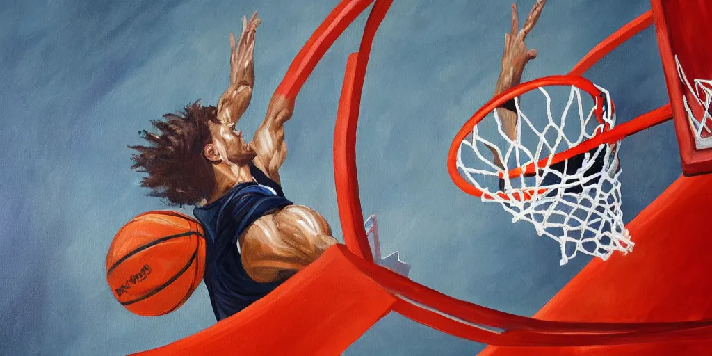 Prompt: dynamic painting of Davy Jones dunking a ball in an open basketball field, clean painting, low details, close shot, 4K,