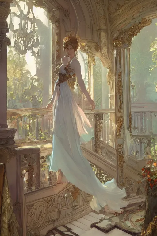 Image similar to Inside a beautiful Palace in the paradise by Krenz Cushart, Mucha, Rococó, trending on artstation, artstationHD, artstationHQ, 4k, 8k