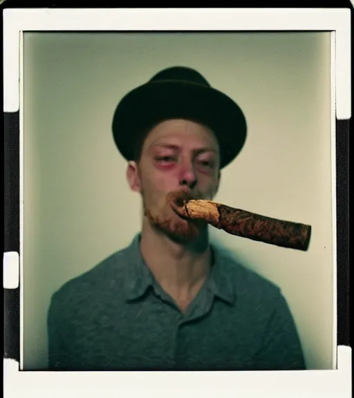 Prompt: color polaroid picture of a hipster man smoking briar pipe. smoke rising. diffuse background