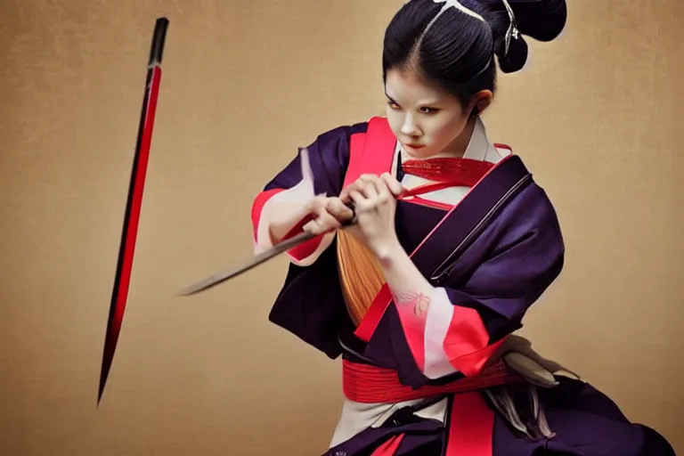 Image similar to beautiful photo of a young modern geisha samurai practising the sword in a traditional japanese temple, mid action swing, symmetrical face, beautiful eyes, huge oversized sword, award winning photo, muted pastels, action photography, 1 / 1 2 5 shutter speed, dramatic lighting, anime art style