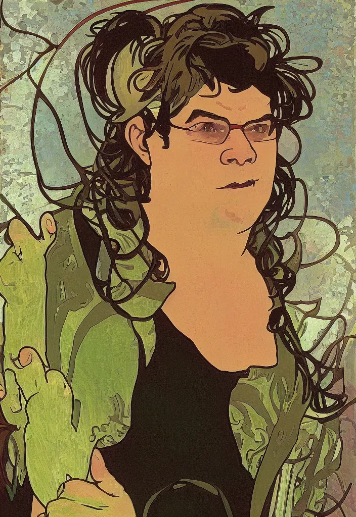 Image similar to yann lecun as shrek, in art style by alphonse mucha