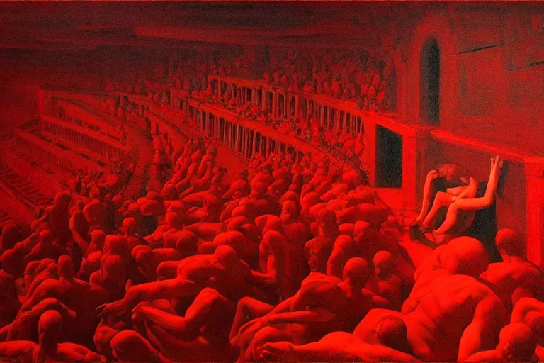 Image similar to only with red, crowd screaming, an exposed picture in a roman theater, in the style of beksinski, parts by edward hopper, parts by rodcenko, parts by yue minjun, intricate and epic composition, red by caravaggio, insanely quality, highly detailed, masterpiece, red light, artstation, 4 k