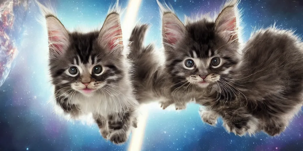 Image similar to a 3 d rendered movie still maine coon kitten descendant 1 million in the future. kitten wears a spacesuit, and explores cosmos in a space ship with a cat tree. science fiction blockbuster movie kittens rule the world or what's on tv? kittens!, dramatic lighting, imax 7 0 mm. buzz lightyear, ue 5, octane render.